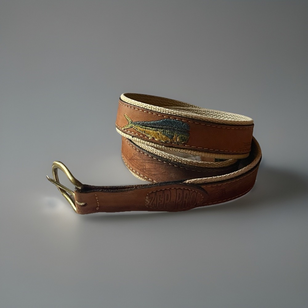 Zep Pro Leather Brass Buckle Embroidered Fish  Belt -44